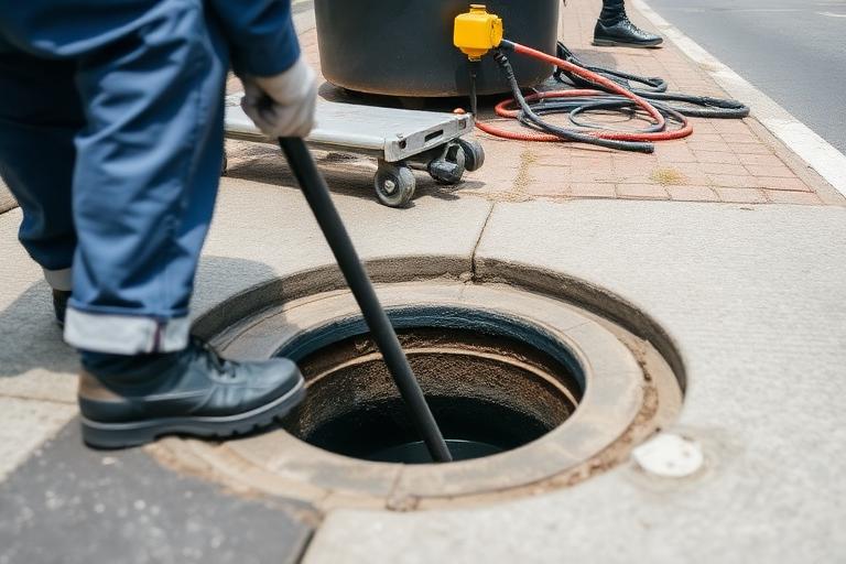 Técnico da Canaã Desentupidora desentupindo rede de esgoto em Goiânia