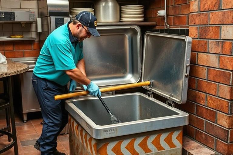 Limpeza de caixa de gordura em cozinha de restaurante