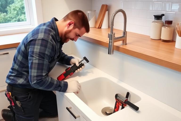 Técnico desentupindo pia de cozinha com equipamento profissional